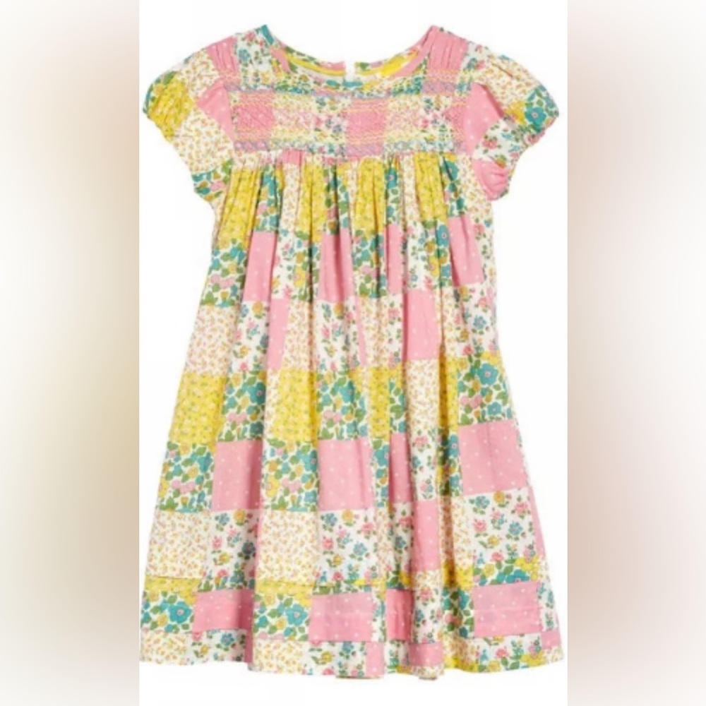Mini Boden Multi-Patchwork Smocked Puff Sleeve Dress